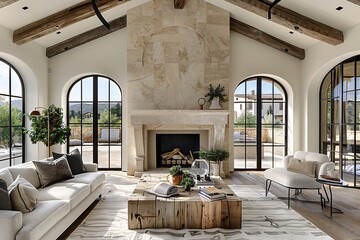Rustic coffee table between sofa and chairs in Mediterranean cottage style home.