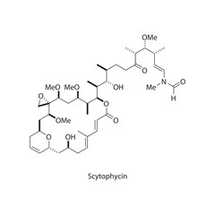 Scytophycin skeletal structure diagram. compound molecule scientific illustration.