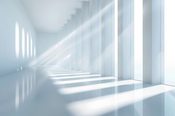 Obraz premium Abstract white background with sunlight and light rays, modern minimalist interior design of empty room or corridor with columns, panoramic windows and soft lighting in the style of minimalism