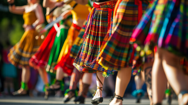 Group of Highland dancers in colorful costumes showcasing Scottish sword dance at a folk festival.