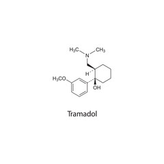 Tramadol flat skeletal molecular structure Opioid analgesic drug used in Pain treatment. Vector illustration scientific diagram.