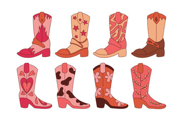 Western Cowboy Boot Collection. Editable Stroke Vintage Groovy Style Vector Illustration.