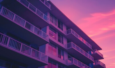 Obraz premium Building with balcony under pink sunset sky, Generative AI 