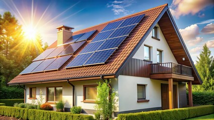 Obraz premium Solar roof panels on a modern eco-friendly house generating green energy from the sun, solar, roof