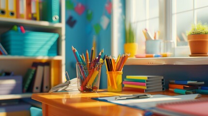 Artistic shot of a teacher's desk with stationery High quality images