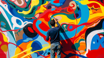 An artist painting a mural of abstract shapes and bright colors on an urban street wall.
