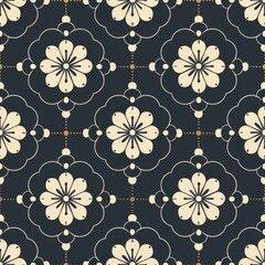 Seamless Japanese Floral Pattern.  Classic Dark Blue Background with Elegant Cream Flowers and Gold Accents