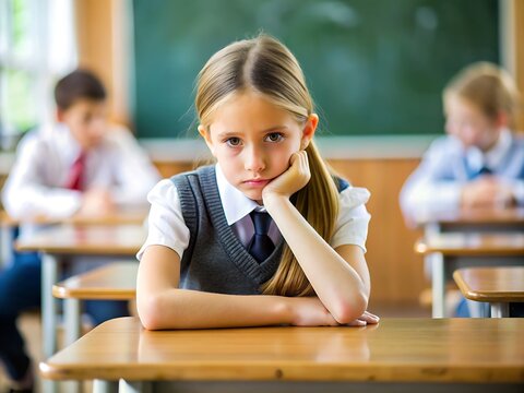 Bored Schoolgirl Sitting at Desk.