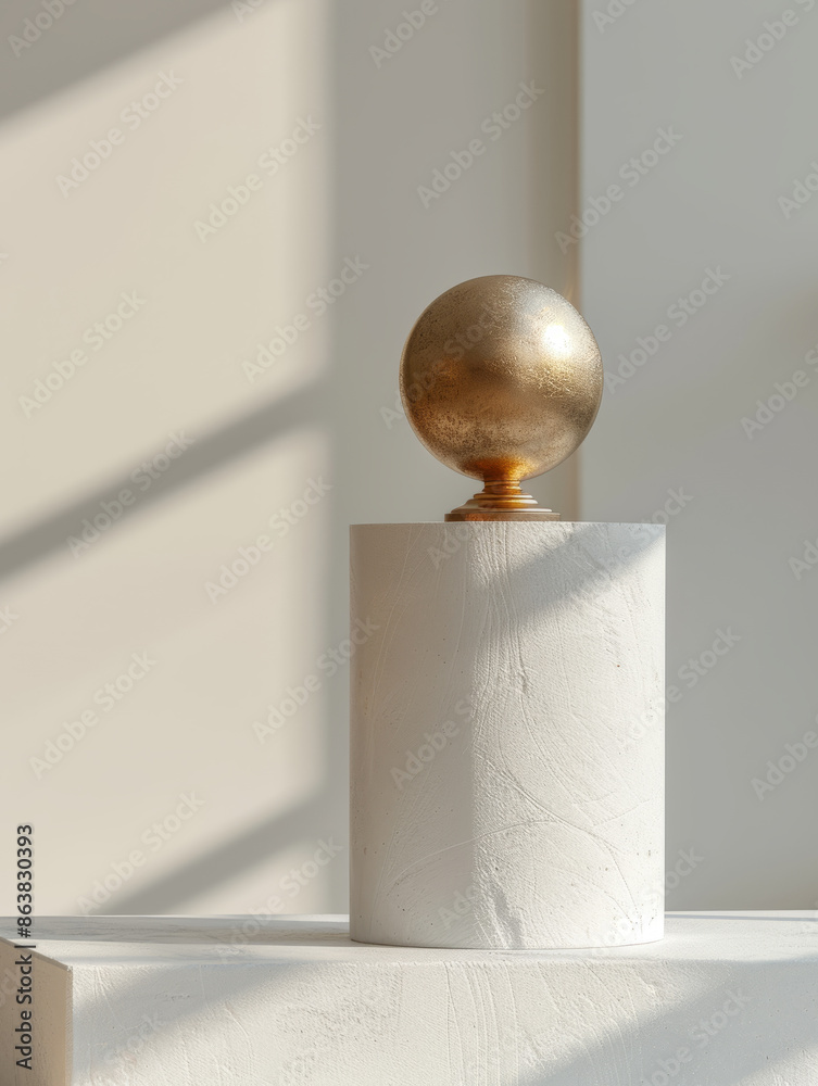 Wall mural Golden sphere atop a white cylindrical base with dramatic lighting.