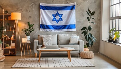 The flag of Israel hangs in the living room at home. The flag is in house.