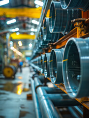Obraz premium Industrial factory with metal pipes and machinery, blurred worker in background.