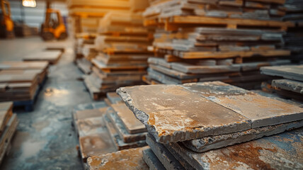 Stacks of stone tiles in a warehouse, illuminated by warm light.