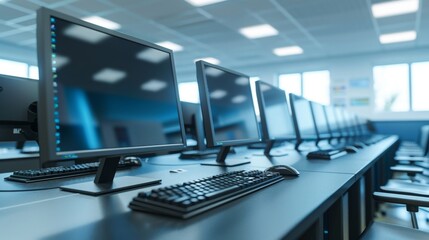Computer lab with rows of monitors and keyboards High quality images