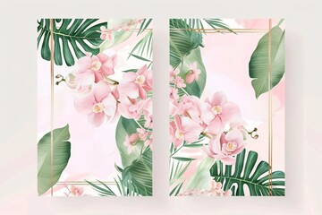 Wedding Invitation Card Templates with Pink Orchids and Greenery