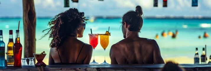 Beach Bar Counter with Color Drinks, Happy Couple Ordering Two Cocktails, Generative AI Illustration