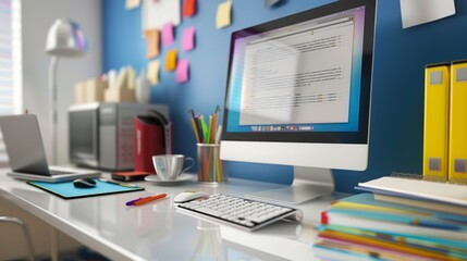 Neatly organized computer desk with educational software High quality images