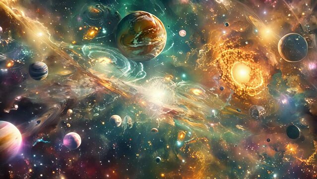 A cosmic dance of planets and moons as they align and orbit in perfect harmony creating a mesmerizing pattern in the solar system.