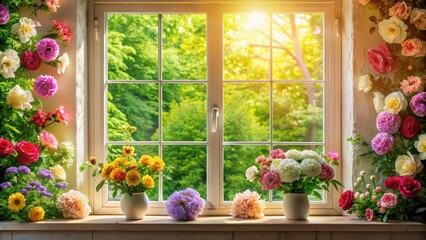 A window adorned with beautiful blooming flowers , floral, spring, garden, nature, exterior, colorful, blossoms, windowsill