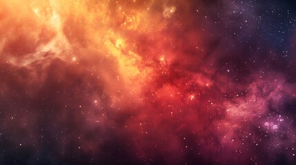 A distant galaxy with stars, flashes of light, nebulae forming an abstract cosmic background of gradient color in yellow, red and purple tones