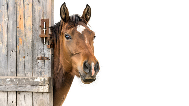A brown horse with a white star on its forehead peeks out from behind a wooden stall door.