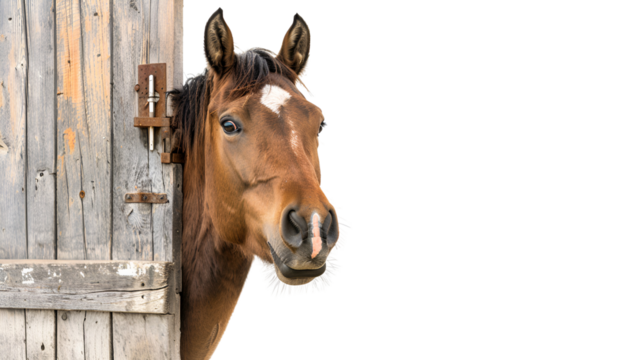 A brown horse with a white star on its forehead peeks out from behind a wooden stall door.