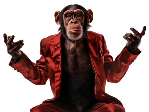 A chimpanzee in a red suit meditates with a serious expression.