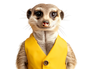 A curious meerkat wearing a yellow vest looks directly at the camera.