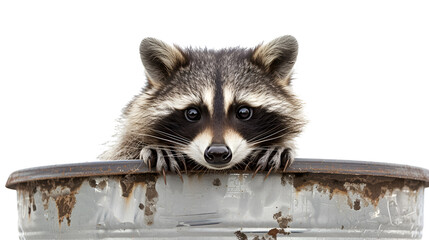 A curious raccoon peeks over the edge of a rusty metal bin, its dark eyes wide with mischief.