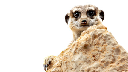A curious meerkat with big eyes peering over a rock.