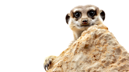 A curious meerkat with big eyes peering over a rock.