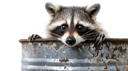 A curious raccoon peeks over the edge of a rusty metal bin. Its eyes are wide with mischief and its paws are gripping the rim.