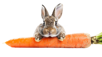 A cute brown rabbit with big ears holding a large orange carrot.