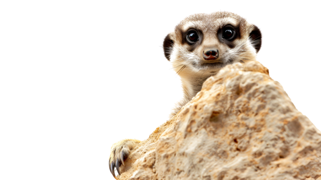 A curious meerkat with big eyes peering over a rock.