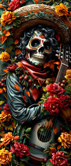 Fototapeta premium A skeleton is holding a guitar and surrounded by flowers. The image has a festive and colorful mood, with the flowers and the guitar adding a touch of whimsy to the otherwise macabre subject