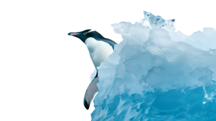 A penguin perched on a large iceberg, its black and white plumage contrasting against the blue ice.