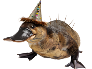A platypus wearing a colorful party hat smiles for the camera.