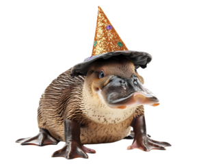 A platypus wearing a party hat, looking surprised and slightly confused.