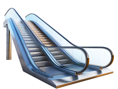 A modern escalator with a glass railing and a silver metal frame. The escalator is going up.