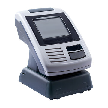 A modern white and grey point of sale terminal with a screen, buttons and card reader.