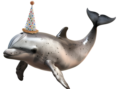 A playful dolphin wearing a colorful party hat, ready to celebrate.