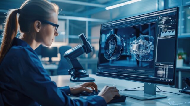 A product designer works on a prototype, guided by an AI muse projecting enhanced features and designs. The workspace is equipped with advanced design tools and materials, showcasing the synergy