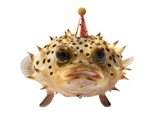 A spiky pufferfish wears a tiny party hat, looking unimpressed with the festivities.