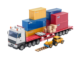 A white semi-trailer truck hauling colorful shipping containers with a forklift loading boxes.