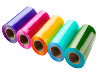 Colorful rolls of plastic film in various colors, isolated on white background.