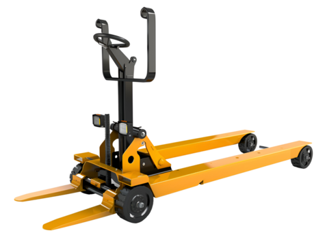 A yellow industrial pallet jack with black wheels isolated on a black background.