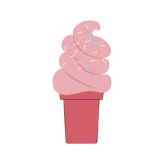 Ice cream flat. Cute kids frozen creamy desserts and sundaes. Waffles cones vanilla, ice lolly scoops cake. Colorful cartoon creamed chocolate and milk brown yellow green and red popsicle