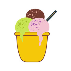 Ice cream flat. Cute kids frozen creamy desserts and sundaes. Waffles cones vanilla, ice lolly scoops cake. Colorful cartoon creamed chocolate and milk brown yellow green and red popsicle