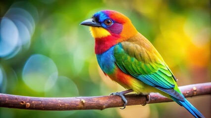 A close-up photo of a colorful bird perched on a tree branch , Wildlife, Nature, Avian, Feathered, Plumage, Ornithology