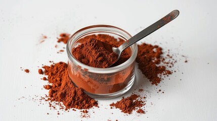 Iron III oxide powder on glass container with spatula on white surface Scientific idea