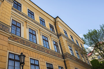 Fototapeta premium Facade of Fritz House in Banska Stiavnica.May 2023.